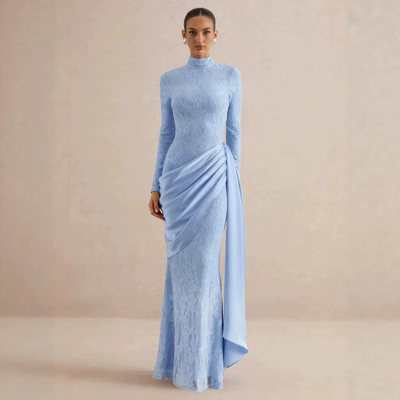 2026 European and American Autumn New High-neck Lace Satin Ribbon Dress, Elegant Slim-fit Waist-cinching Bodycon Gown