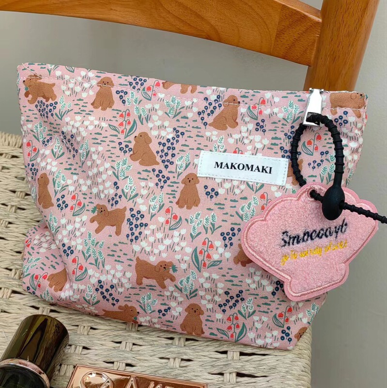 Early Spring Japanese Style Ins Pink Cute Garden Dog Canvas Cosmetic Bag Large Capacity Portable Zipper Toiletry Cosmetics Bag Early Spring Japanese Style Ins Pink Cute Garden Dog Canvas Cosmetic Bag Large Capacity Portable Zipper Toiletry Cosmetics Bag