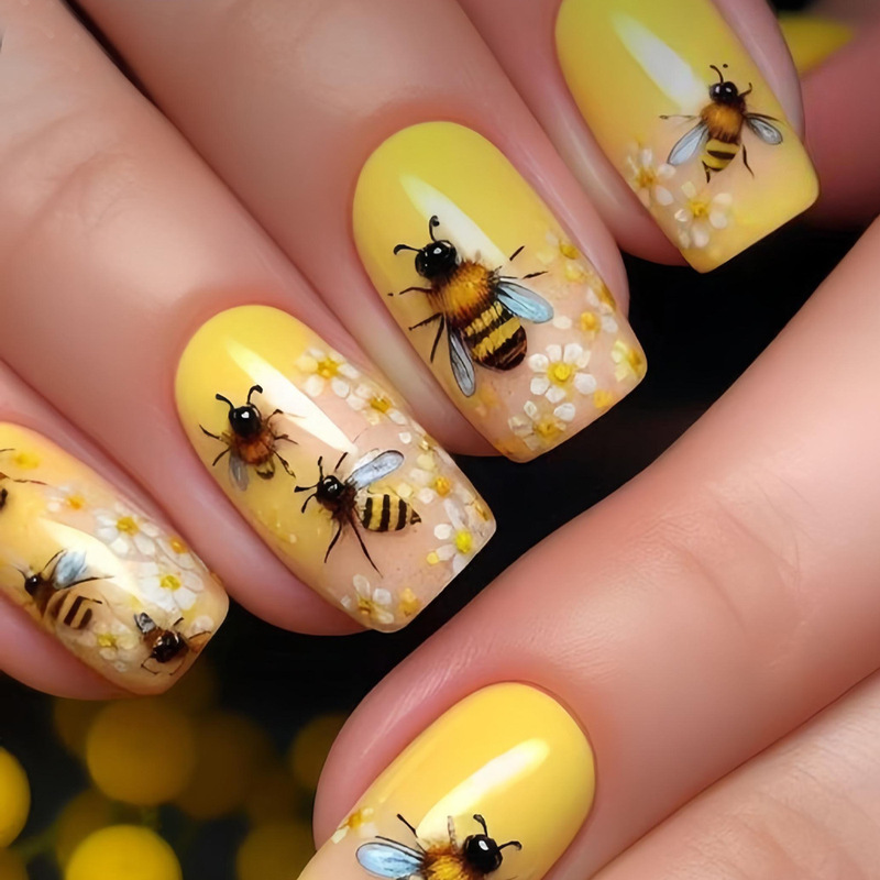 Cross-Border Square Nail Spring and Summer Little Bee Flower Ballet Yellow Glossy Fashion Wearable Nail Art Stickers 24 Pieces Cross-Border Square Nail Spring and Summer Little Bee Flower Ballet Yellow Glossy Fashion Wearable Nail Art Stickers 24 Pieces