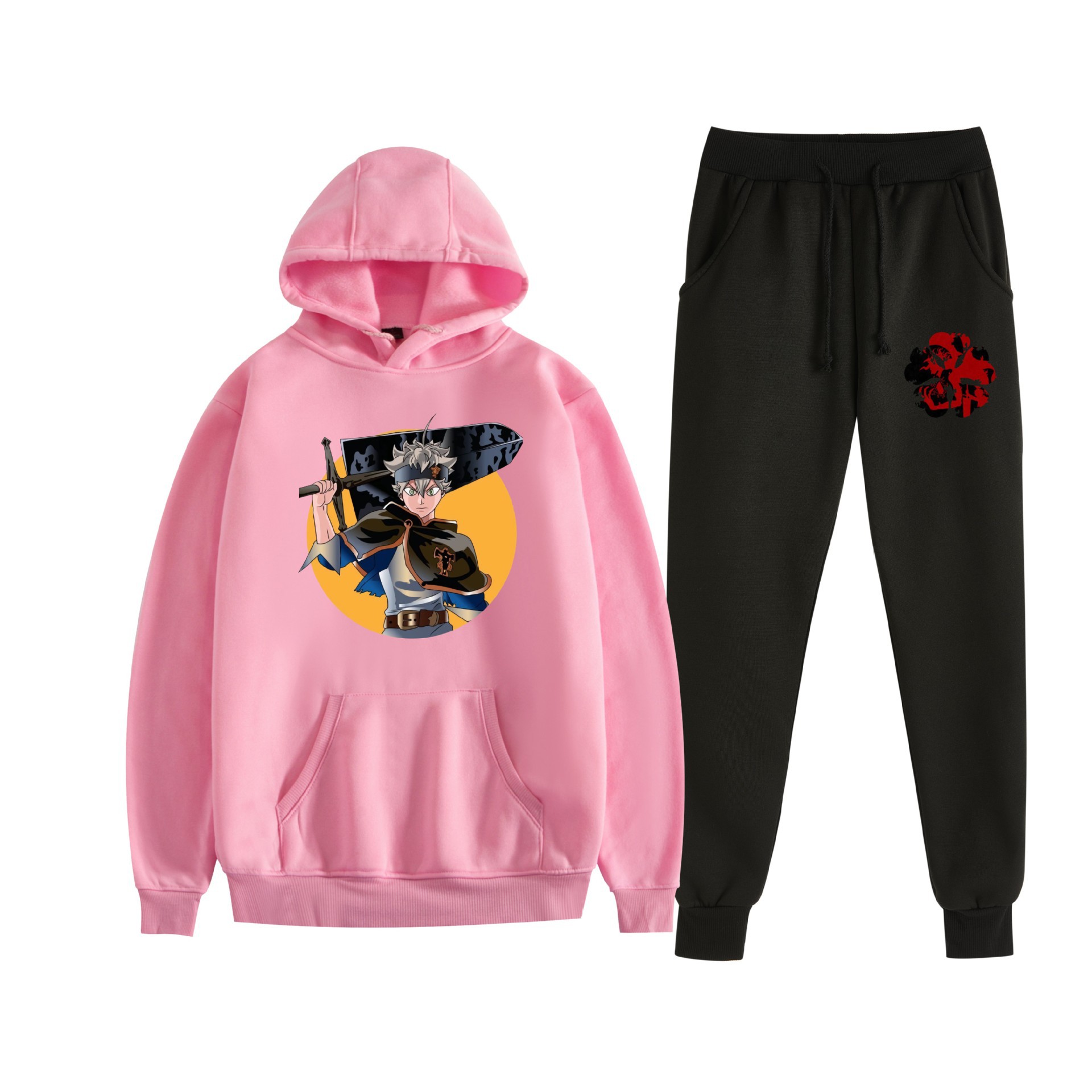 Europa y América otoño e invierno negro trébol de cuatro hojas periférico bidimensional hombres y mujeres deportes de ocio más suéter con capucha de terciopelo traje al por mayor