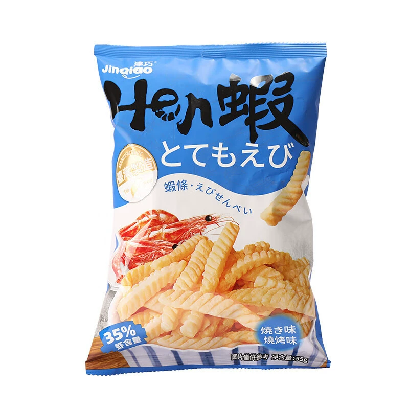 Креветочные снеки (Jinqiao), 55г–42г, пышные крекеры с 35% креветочного мяса, разные вкусы
