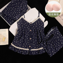 ins风田园碎花吊带睡衣女夏季新款清新休闲三件套装家居服可外穿
