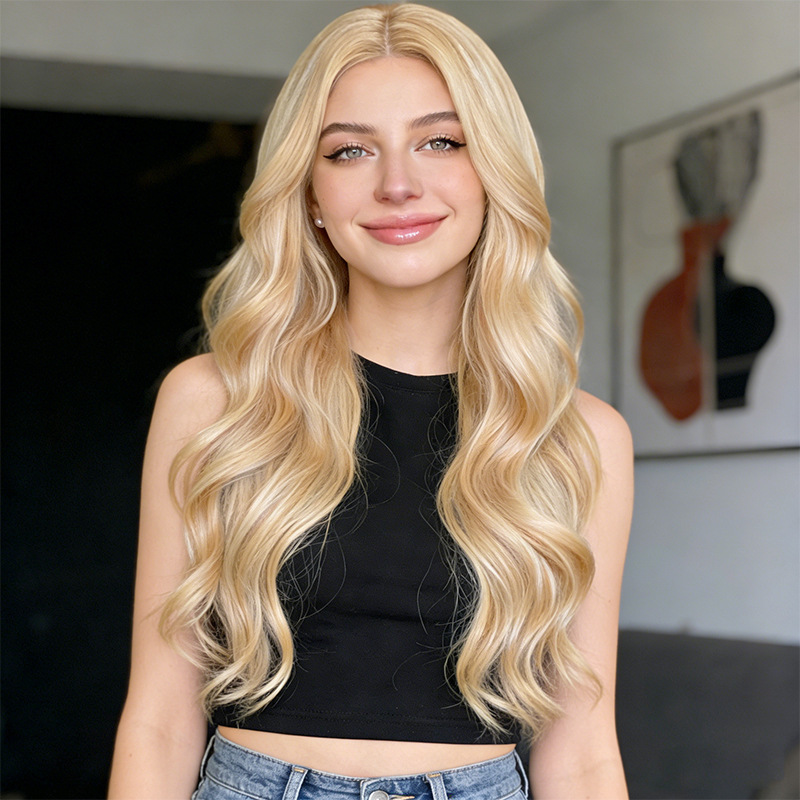 Cross-Border Hot-Selling Long Curly Hair Wigs, European and American Style, Off-White Gold Color, Middle Parting, Large Waves, Synthetic Fiber Wigs, Factory Wholesale