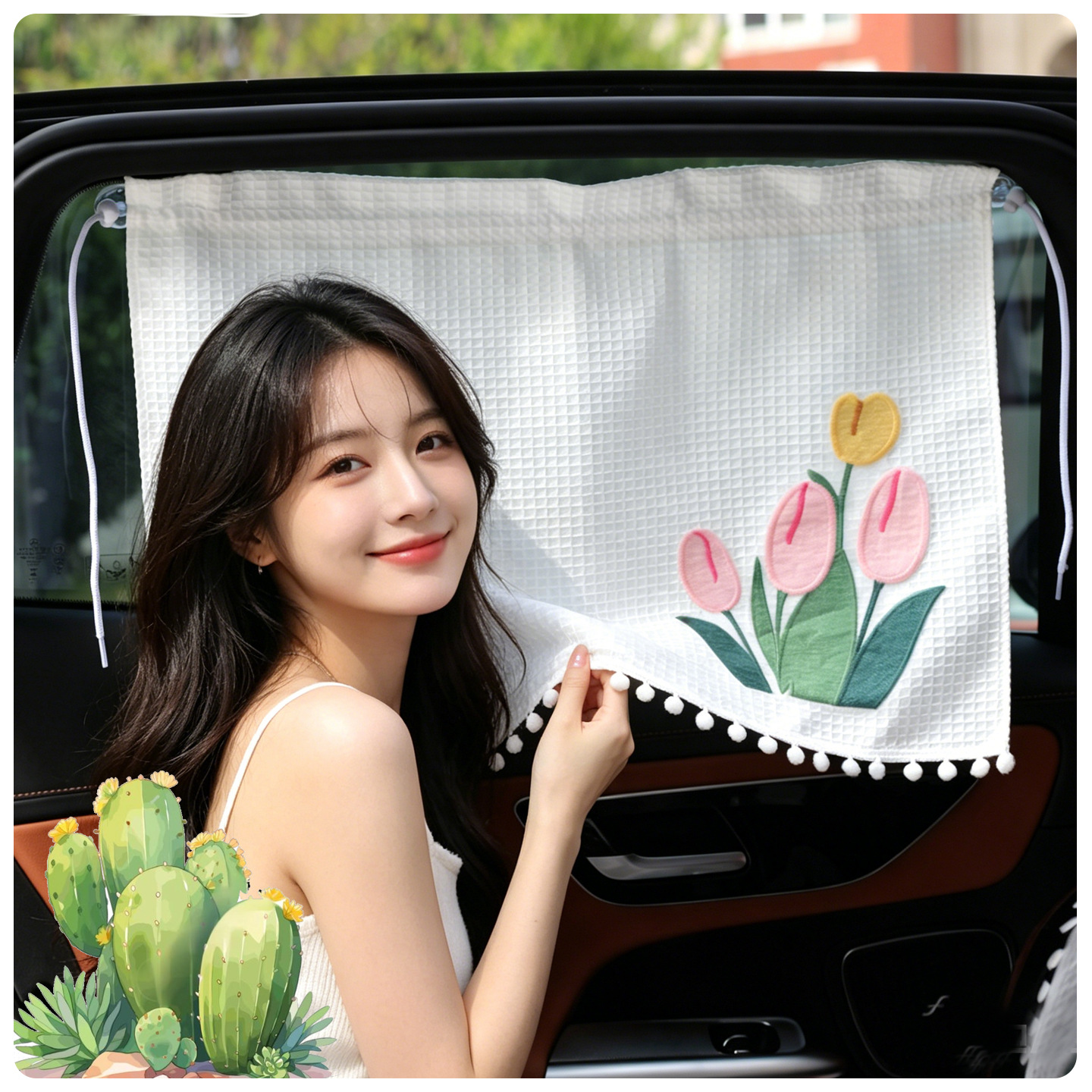 Car sunshade waffle curtain with suction cup attachment, cherry pattern, cartoon sun-blocking and heat-insulating car curtain