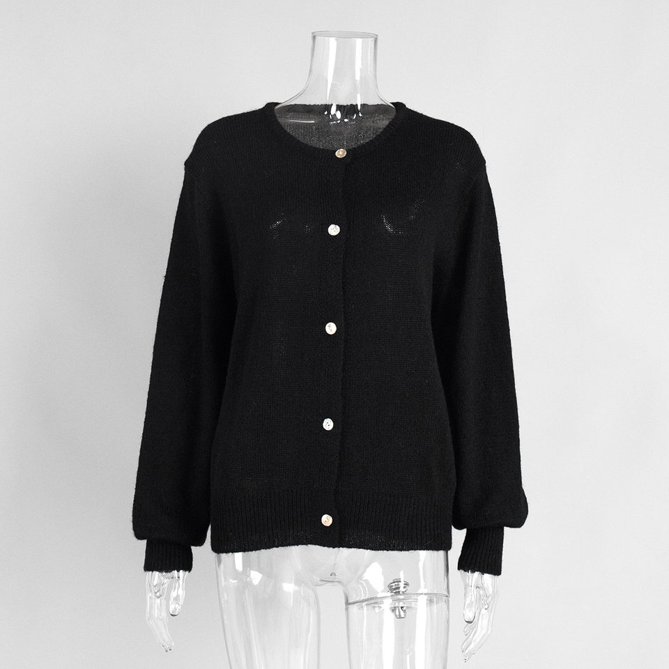 Áo cardigan len dệt kim dáng mỏng nhẹ cài nút một hàng, tay dài cổ tròn nữ — hoa hồng đỏ, màu be, màu cam, màu hoa cà chi tiết 131