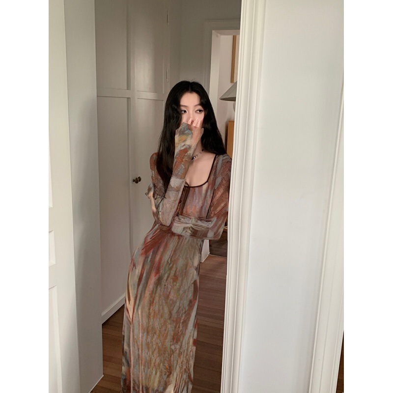 Designed Abstract Print Slimming Versatile Mesh Two-Piece Square Neck Dress for Women