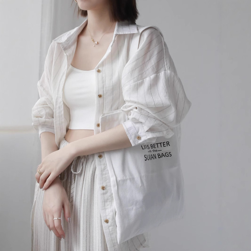 2025 ゆったり薄手日焼け止め服ストライプ綿麻長袖シャツミドル丈レトロアウタートップ|undefined