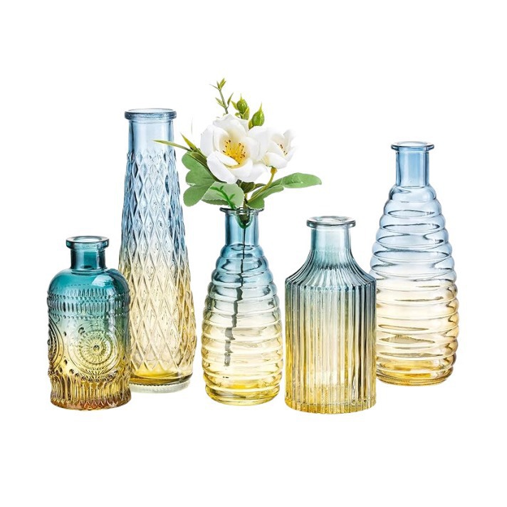 Relieve retro europeo azul y amarillo gradiente spray mini hidroponía jarrón aromático conjunto de jarrón de vidrio de flores secas