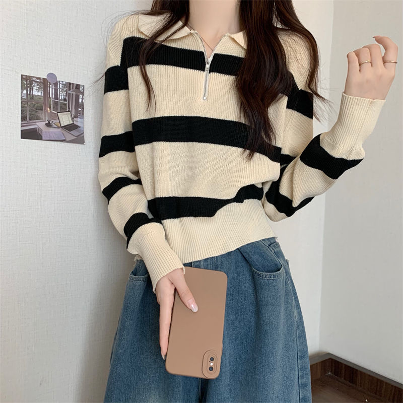 条纹针织衫上衣女2025新款秋翻领女士毛衣高知穿搭长袖打底衫|undefined