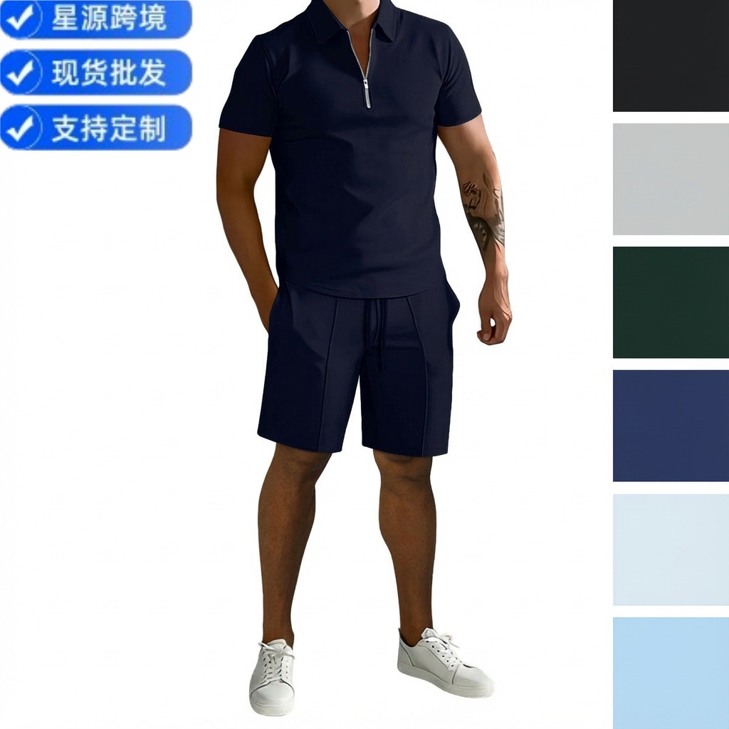 2026 Summer Amazon Aliexpress Men's Polo Casual Loose Short Sleeve Shorts Sports Suit Light Mature Short Style