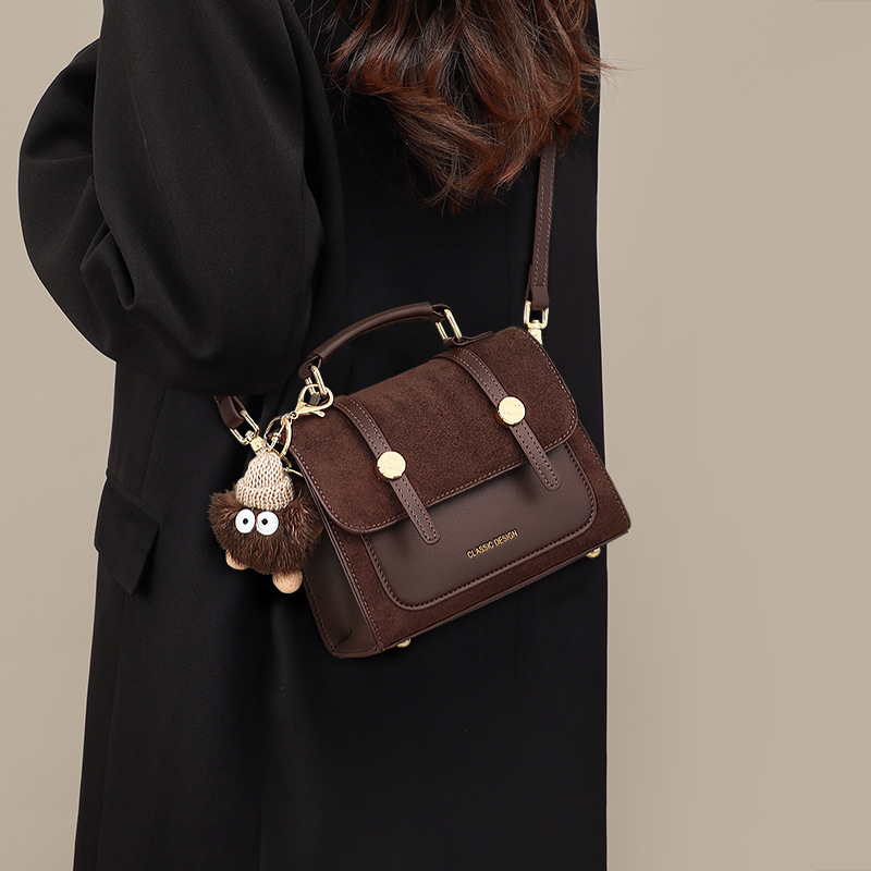 Women's Brown Colour-block Messenger Bag, Versatile Square Handbag_voghion.com