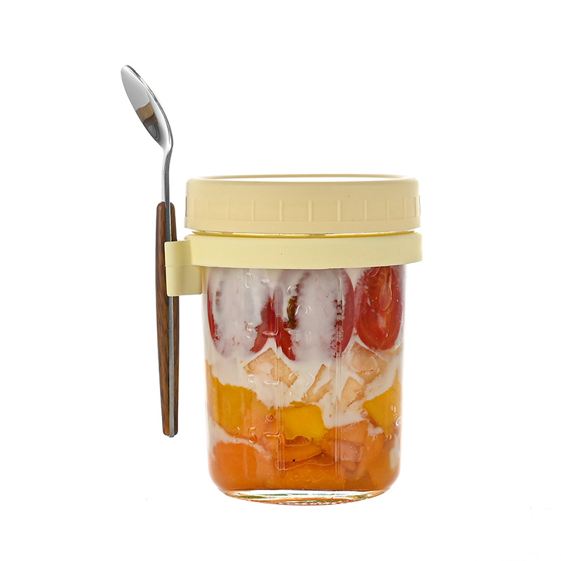 Taza de avena portátil durante la noche al por mayor taza de agua con cuchara con cubierta taza de desayuno taza de ensalada de vidrio taza de yogur