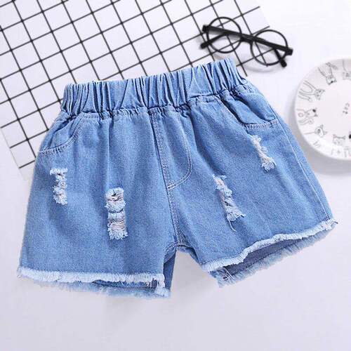 Summer Children's Tassel Ripped Denim Shorts for Girls — Keyboard Label Fashionable Denim Hot Pants, Drop Shipping