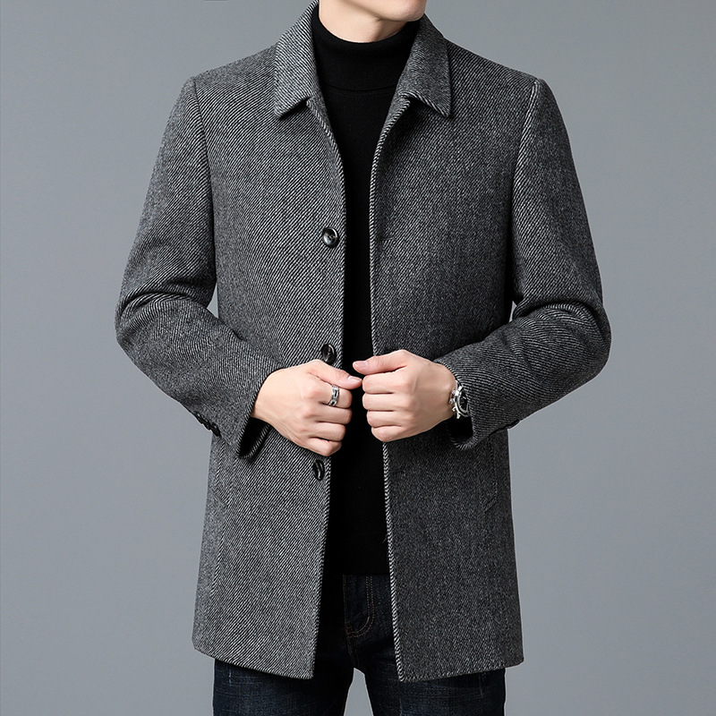 新款春秋季羊毛呢爸爸装男大衣中长款休闲翻领羊毛风衣中老年外套