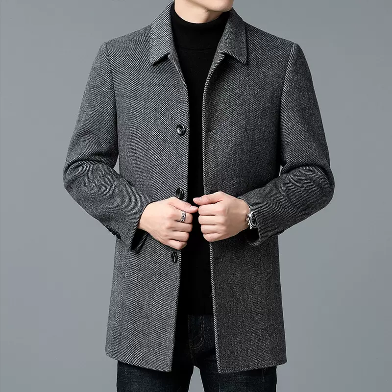 新款春秋季羊毛呢爸爸装男大衣中长款休闲翻领羊毛风衣中老年外套