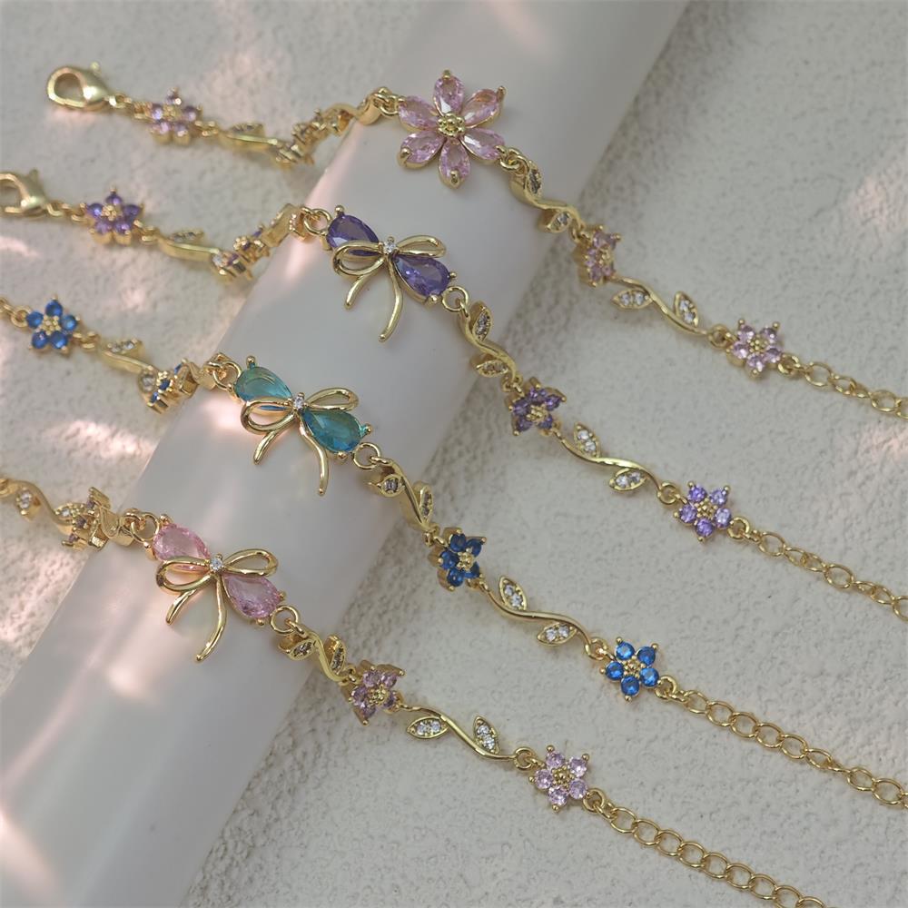 Daily Occasion Copper Material Wholesale Jewelry Elegant Leaf Flower Bow Knot Copper Zircon Bracelets