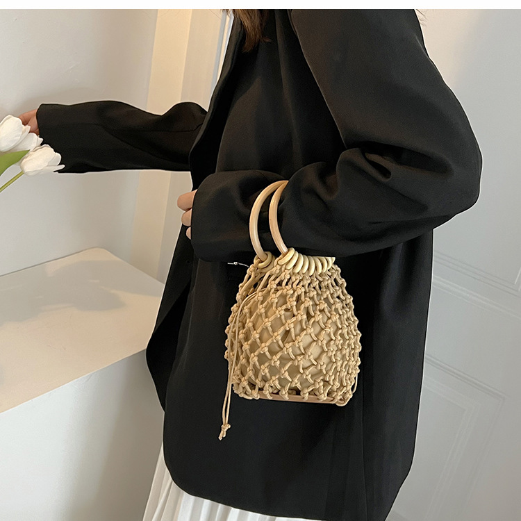 (Con bolsa interior) bolso de paja cordón hecho a mano pequeña bolsa de playa de bolso de las mujeres bolso mango de madera