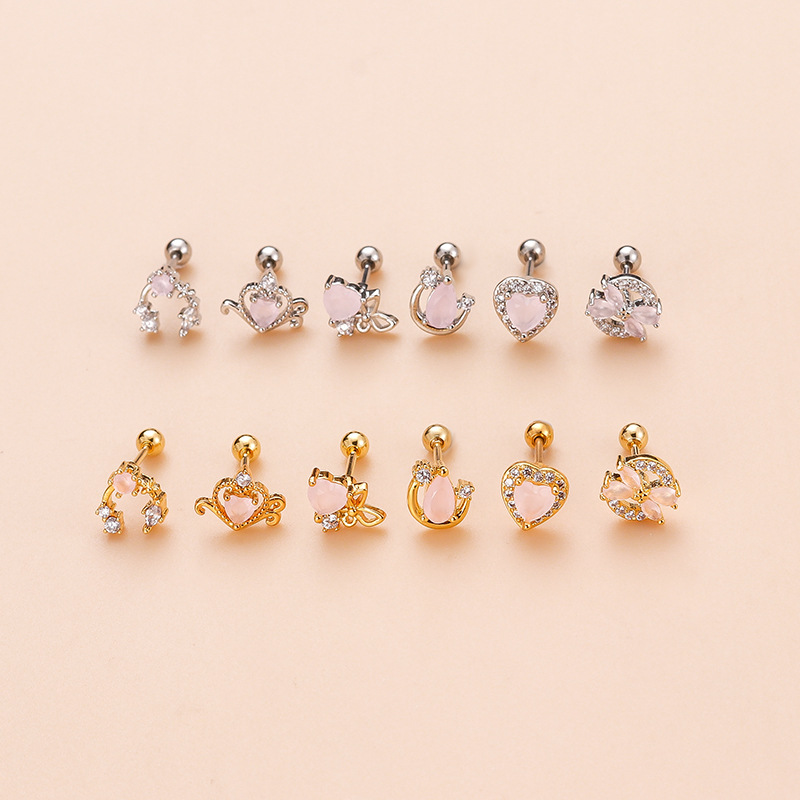 1 Piece Ear Cartilage Rings & Studs Sweet Heart Shape Bow Knot 316L Stainless Steel  Copper Waterproof Non Tarnish Surgical Steel Zircon display picture 4
