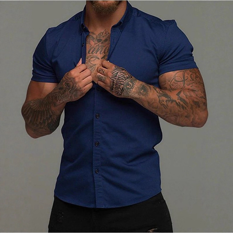 Cross-Border Summer New European and American Men's European Size Solid Color Lapel Short-Sleeved Shirt Muscular Men's Shaping Simple Shirt