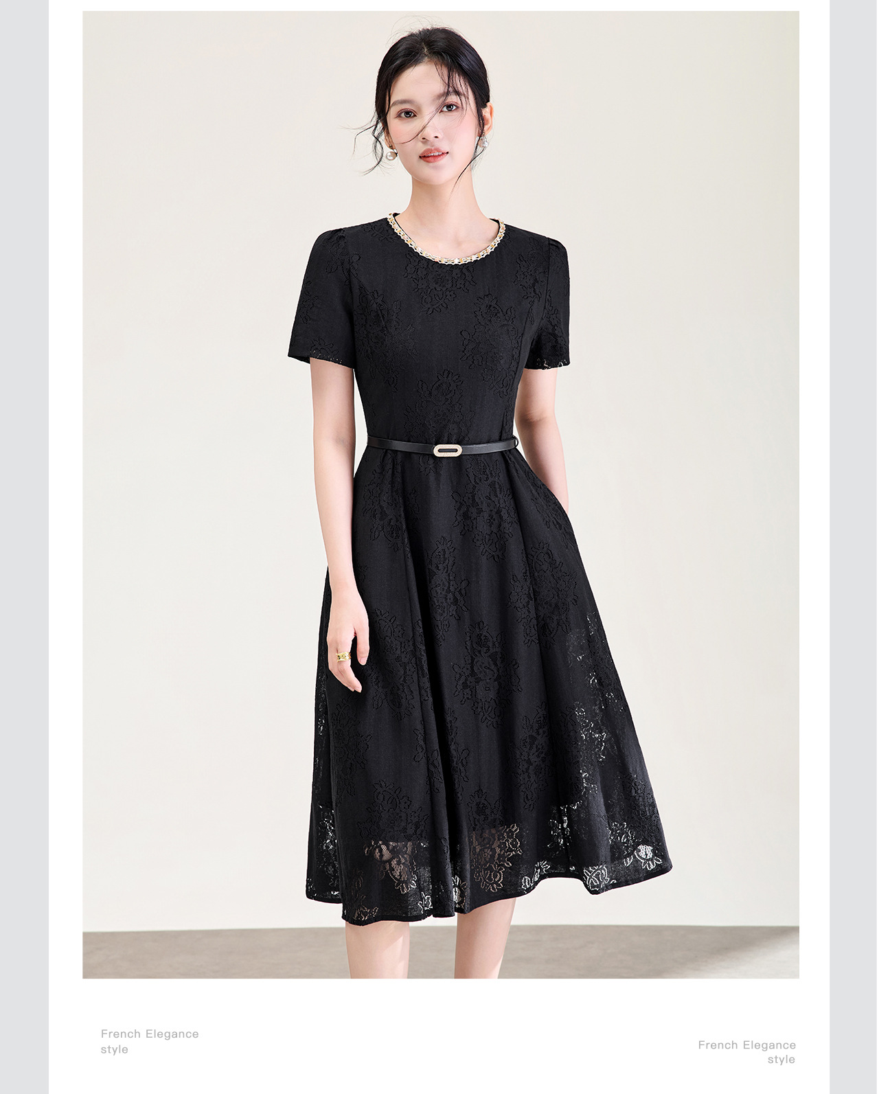 Đầm suông nữ midi thắt eo ren đính đá jacquard chữ A — màu đen chi tiết 8