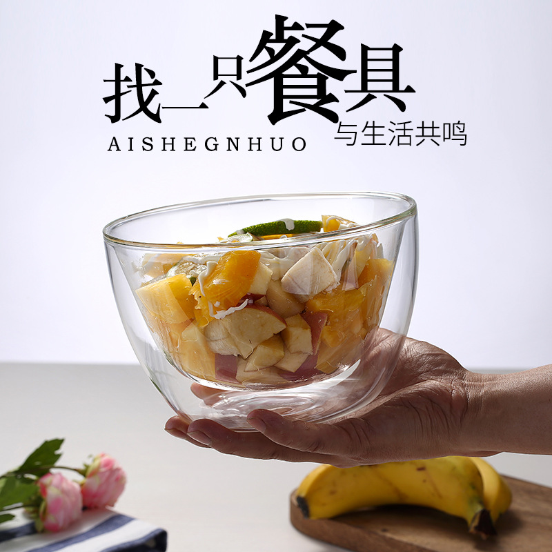 Hogar creativo transparente de doble capa tazón de vidrio tazón de ensalada de frutas yogur helado tazón postre tazón de arroz