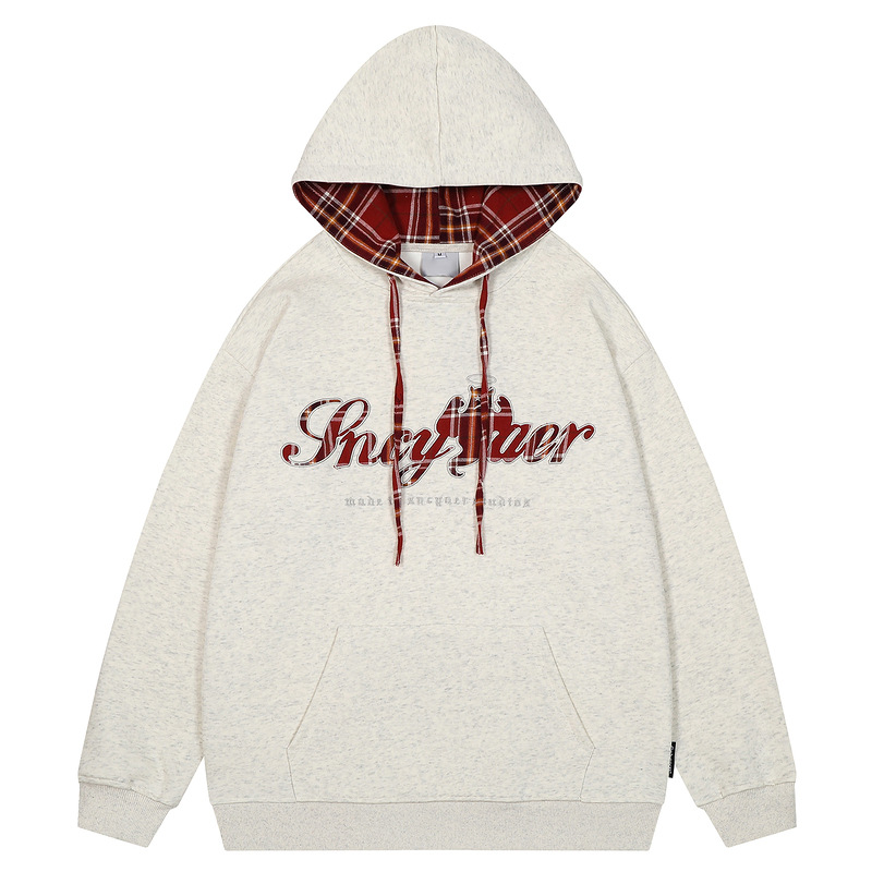 미국 스타일 레트로 격자 무늬 바느질 후드 스웨터 남성 및 여성 Ins 트렌디 브랜드 루즈 캐주얼 커플 재킷 남성 의류