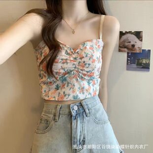 Cute top with cups, fresh short base body-friendly tank top, internet celebrity, floral print, flowered, beautiful back