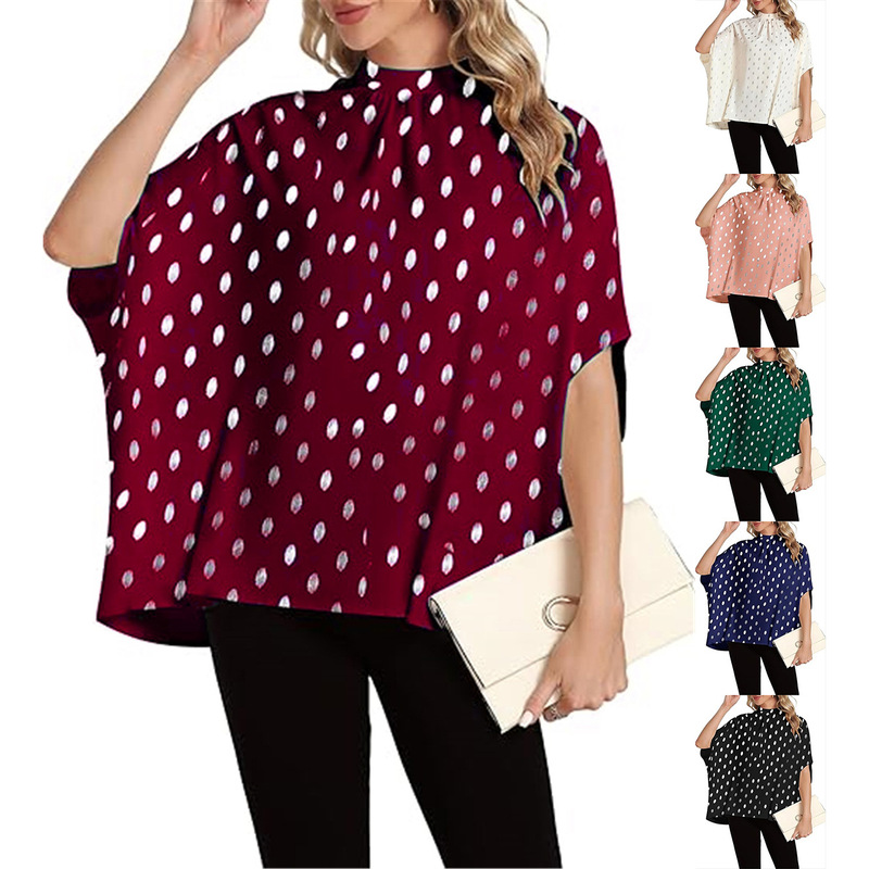 European and American Cross-Border Amazon 2025 Silver-Stamped Polka Dot Batwing Sleeve Top Casual Tie-Neck Pullover Draped Shirt