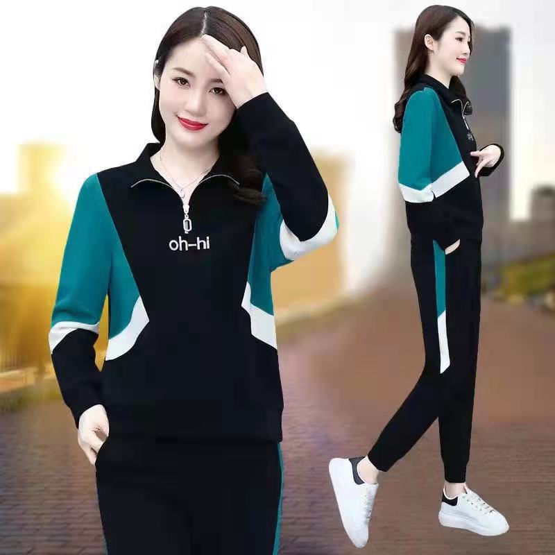 스포츠 세트 여성의 봄과 가을 2023 새로운 패션 느슨한 바느질 슬림 룩 캐주얼 착용 투피스 세트