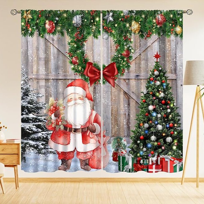 Cross-Border Christmas Vintage Barn Door Snowman Christmas Tree Print Curtains for Living Room and Bedroom Decoration Large Curtains Cross-Border Christmas Vintage Barn Door Snowman Christmas Tree Print Curtains for Living Room and Bedroom Decoration Large Curtains