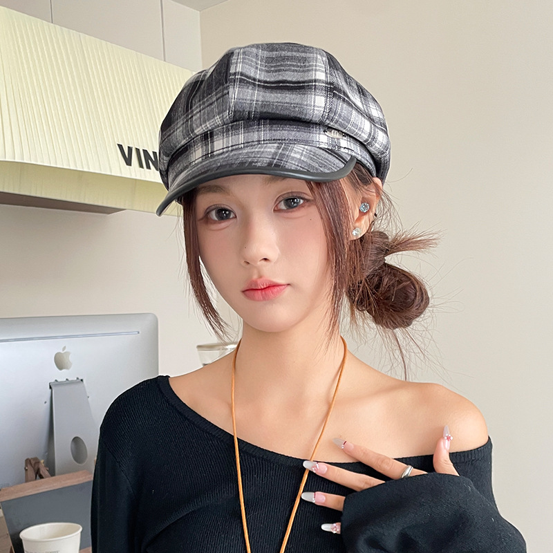 小香风格纹鸭舌八角帽女秋冬季百搭显脸小画家帽防晒报童帽|undefined