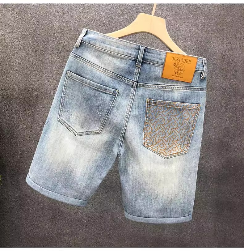 Light Blue Men's Distressed Denim Shorts High Waist Stylish Straight Leg Mid-Length Five Pocket Summer Trendy Clothing_mkmklike.com
