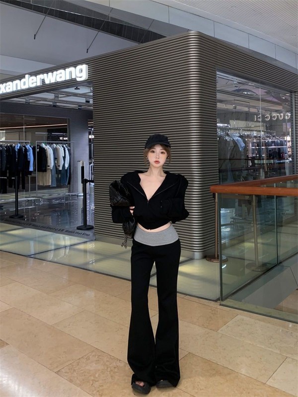 辣妹运动风连帽拉链长袖休闲卫衣外套上衣女撞色微喇拖地裤套装女|undefined