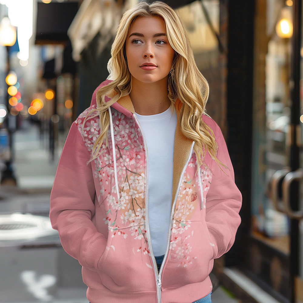 跨境独立站亚马逊数码印花休闲女款拉链连帽开衫棉服棕色里布D186