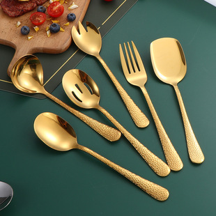 Cross-border Stainless Steel Service Spoon Leakage Large Salad Spoon Hammer Pattern Public Tableware Hotel Buffet Diet Spoon Fork Leakage