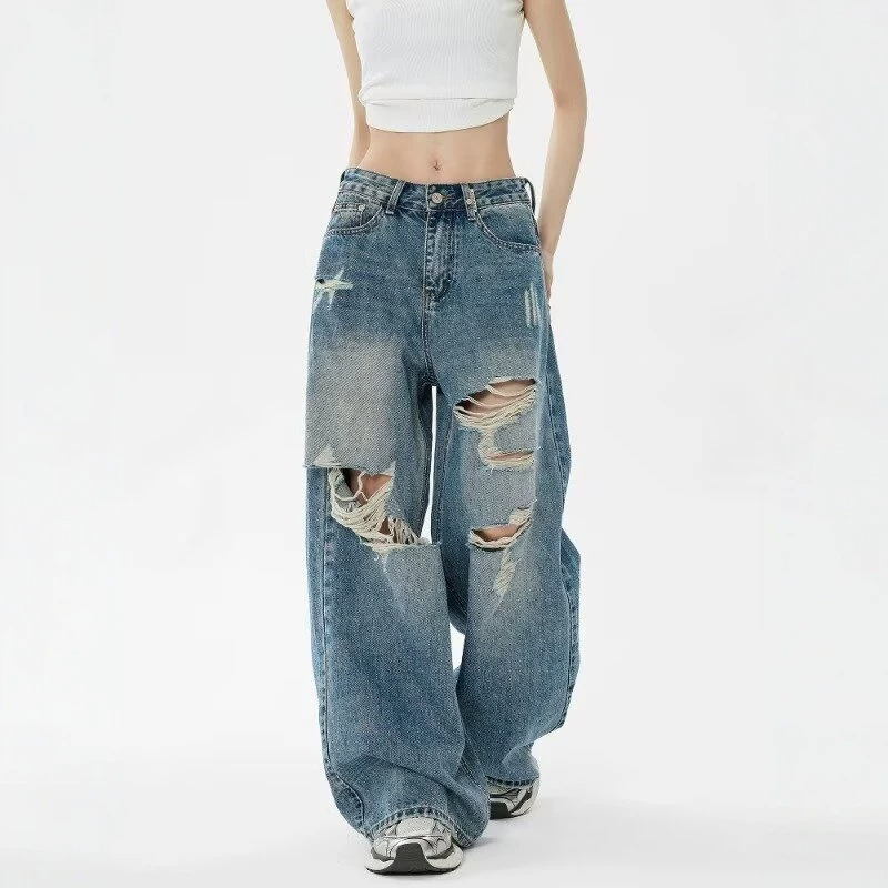 New Foreign Trade American Retro Ripped Jeans for Women, Summer Thin Loose Wide-Leg Pants, Washed Version with Good Fit New Foreign Trade American Retro Ripped Jeans for Women, Summer Thin Loose Wide-Leg Pants, Washed Version with Good Fit