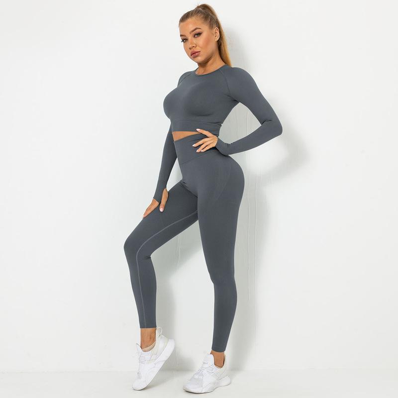 Long Sleeve round neck high waist hip-lifting high-elastic solid color top and Pants yoga Set-Multicolor NSNS131990