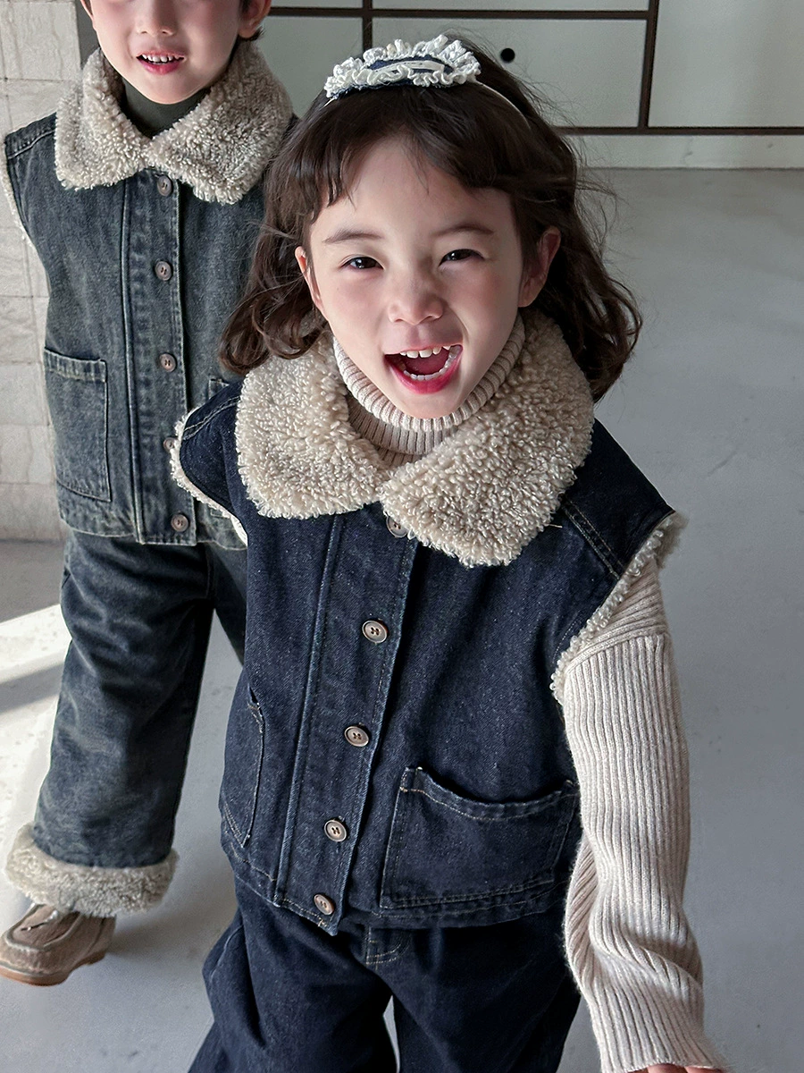 Winter denim vest for boys, jacket, set, increased thickness
