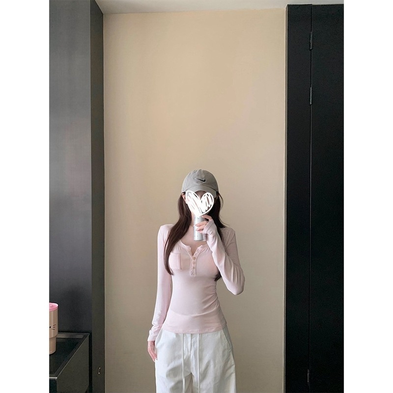 韩系百搭亨利领单排扣设计修身显瘦针织长袖女早秋新款休闲上衣|undefined