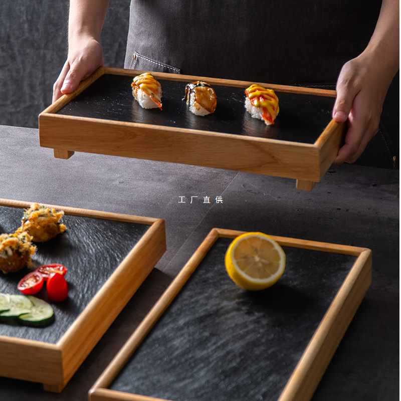 黑色岩石餐盘日式个性创意商用竹木质火锅涮菜盘石板餐具烤肉盘子