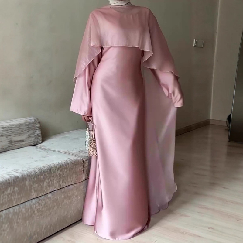 Amazon European and American Cross-Border 2025 New Autum Style Soft and Sweet Elegant Long-Sleeved Long Skirt Silky Dress for Women