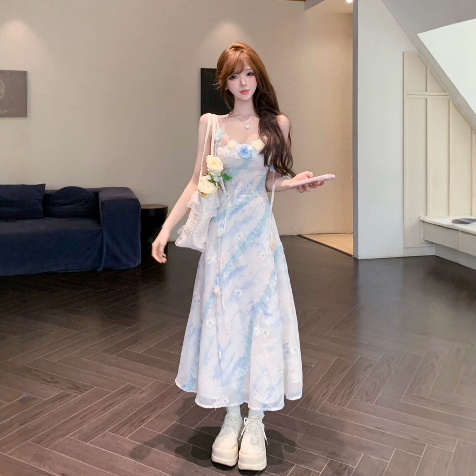 Французское милое праздничное синее платье на подтяжках с трехмерным цветком, женское летнее платье для похудения талии, элегантная длинная юбка из сетки