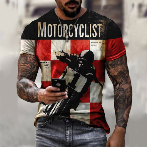 New trendy European and American import and export leather jacket style short sleeve casual 3D printed loose crew neck men's T-shirt cross-border