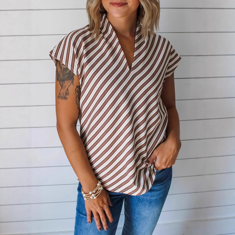 Shiying European and American Cross-Border Loose Casual Stripesd Knitted Short-Sleeved Shirt Summer New V Neck Pullover for Women