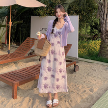 紫色连衣裙温柔风+防晒披肩空调衫两件套8389