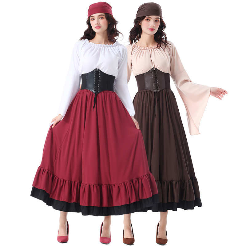 Halloween Costume Retro Medieval Ruffled Pirate Long Dress with Headscarf Caribbean Beauty Pirate Adult Female
