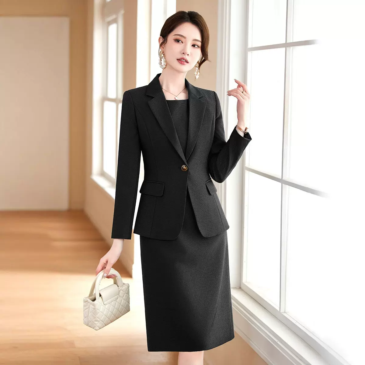 秋冬女士职业套装两件套西装中长款裙子修身显瘦遮肚子