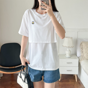 Summer New Maternity T-shirt Top Postpartum Outer Wear Breastfeeding Clothes Top Lift Breastfeeding Mouth High Quality Pure Cotton