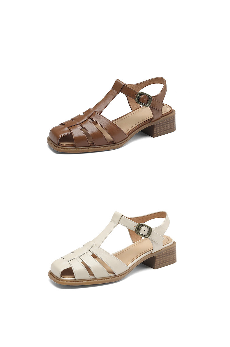 Sandal bít mũi dệt cổ điển nữ quai chữ T gót thấp da bò — Màu nâu đậm chi tiết 20