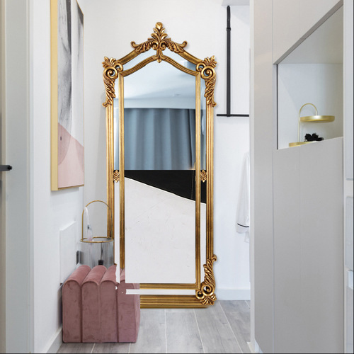 Full-Length Mirror with European Carved Scrollwork Vintage Dressing Mirror, Salon Full-Length Mirror, PU Floor Mirror